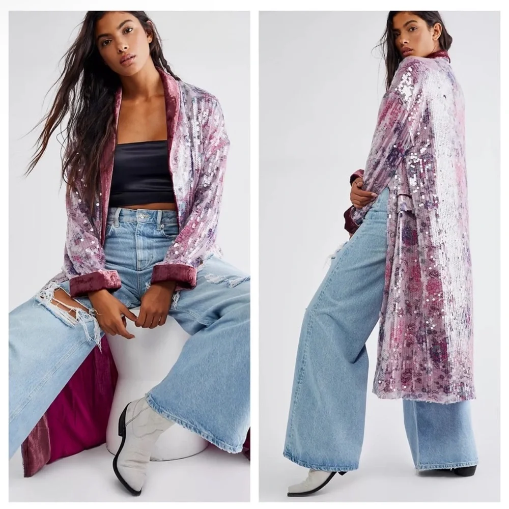 Free People Kealey Kimono Sequin in Pink Combo